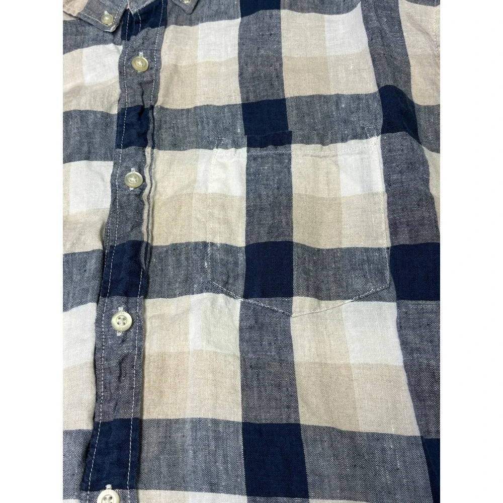 Banana Republic Mens XL Camden Fit 100% Linen Shirt Navy Tan Buffalo Check Plaid